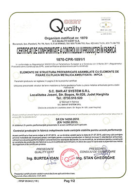 Certificat de Conformitate a Controlului Productiei in Fabrica: Elemente de structura prefabricate. Pag.1